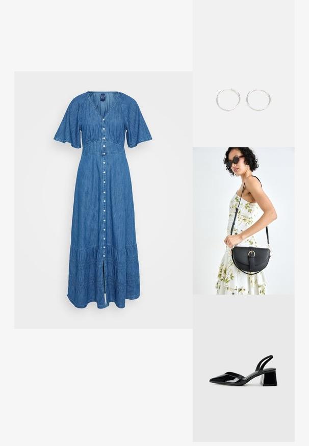 Denim maxi ruha rövid, bővülő ujjakkal, V-nyakkal, gombos nyakkivágással és réteges fodros szegéllyel. Kék anyag finom textúrával és derékban gyűrődéssel.; Fekete lakk bőr szandálkés magas sarkú cipő, hegyes orral és geometrikus tömbsarkakkal. Karcsú, minimalista dizájn és sima textúra jellemzi.; Fekete bőrtáska ívelt formával, levehető pánttal és arany színű fémrészekkel. A táskán egy csattal díszített fedél található.; Ezüst karika fülbevalók, letisztult, kerek formával, sima felülettel és látható díszítés nélkül. A átmérő nem megadott.