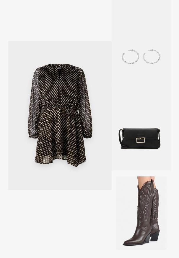 Rochie neagră cu mâneci lungi din material transparent, talie elastică și model floral auriu. Dispune de o deschidere în formă de cheie la gât și fustă în straturi.; Bocanci de cowboy din piele maro, cu vârf ascuțit și toc pătrat, având cusături detaliate și accente ridicate pe tijă.; Geantă de mână din piele neagră, cu clapetă și un detaliu din metal auriu. Include o curea neagră și un design elegant, minimalist.; Cercei din argint cu un design torsadat, având un finisaj lucios și închidere cu tijă. Au un diametru de aproximativ 3 cm.