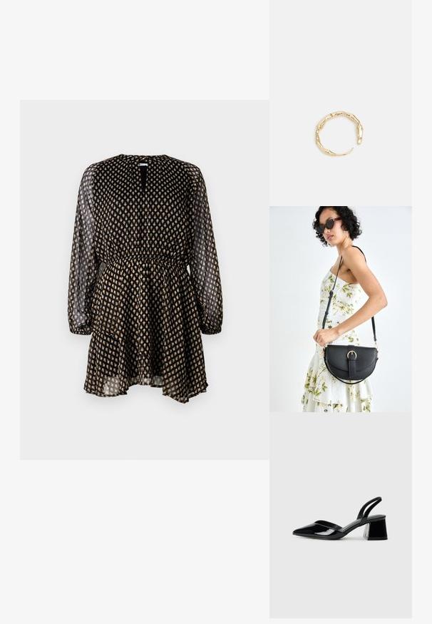 Črna obleka z dolgimi prosojnimi rokavi, elastičnim pasom in zlatim cvetličnim vzorcem. Ima odprtino za ključe na vratu in večplastno krilo.; Črne lakirane slingback pete s koničastim nosom in geometrijsko blokasto peto. Imajo eleganten, minimalističen dizajn in gladko teksturo.; Črna usnjena torbica s ukrivljeno obliko, z odstranljivo naramnico in zlatimi dodatki. Torbica ima pokrov s podrobnostmi v obliki zaponke.; Zlati prstan s organskim, zvitim dizajnom, gladko površino in taperiranimi konci, ki ustvarja modernega, skulpturalnega videza.
