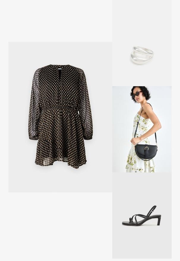 Čierne šaty s dlhými priehľadnými rukávmi, elastickým pásom a zlatým kvetinovým vzorom. Obsahujú výstrih v tvare kľúča a volánovú sukňu.; Čierne sandále na vysokom podpätku so štvorcovou špičkou a nízkym blokovým podpätkom. Obsahujú viacero tenkých popruhov a nastaviteľný členkový popruh. Vyrobené z hladkej kože.; Čierna kožená kabelka s zaobleným tvarom, odnímateľným popruhom a zlatými doplnkami. Kabelka má klopu s detailom s prackou.; Strieborný prsteň s dvojitým pásikom s hladkým, lesklým povrchom. Má plynulý, zakrivený dizajn s prekryvajúcimi sa časťami pre moderný vzhľad.