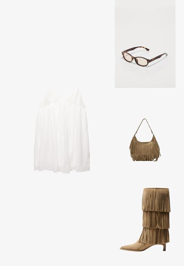 Weißes, ärmelloses Oberteil mit zarten Spitzenakzenten an der Vorderseite, fließendem Stoff und verstellbaren Trägern. Strukturiertes, leichtes Material.; Fransen-Stiefelette aus taupefarbenem Wildleder mit drei Lagen Fransen. Spitz zulaufende Zehenpartie und ein niedriger Blockabsatz. Durchgehend glatte Oberfläche.; Schildkrötenmuster Sonnenbrille mit runder Form und leichten Gläsern. Verfügt über stabile Bügel mit kleinen goldenen Akzenten, hergestellt aus Kunststoff.; Braune Wildleder-Handtasche mit langen Fransen, einer geschwungenen Form und einem einzelnen Schultergurt. Verfügt über eine glatte, strukturierte Oberfläche.