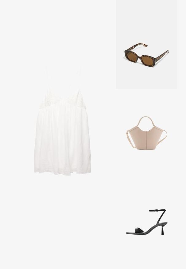 Top alb, fără mâneci, cu detalii delicate din dantelă pe corp, dintr-un material fluid și cu bretele ajustabile. Material texturat, ușor.; Bershka Sandale cu toc - black; Ochelari de soare cu chelă de broască țestoasă, având un cadru rotund și voluminos, cu lentile maro. Prezintă modele subtile și brațe drepte, conice.; Geantă de mână bej din piele cu o formă unică, dotată cu două mânere scurte și o curea lungă ajustabilă. Textură netedă, cu hardware minim.