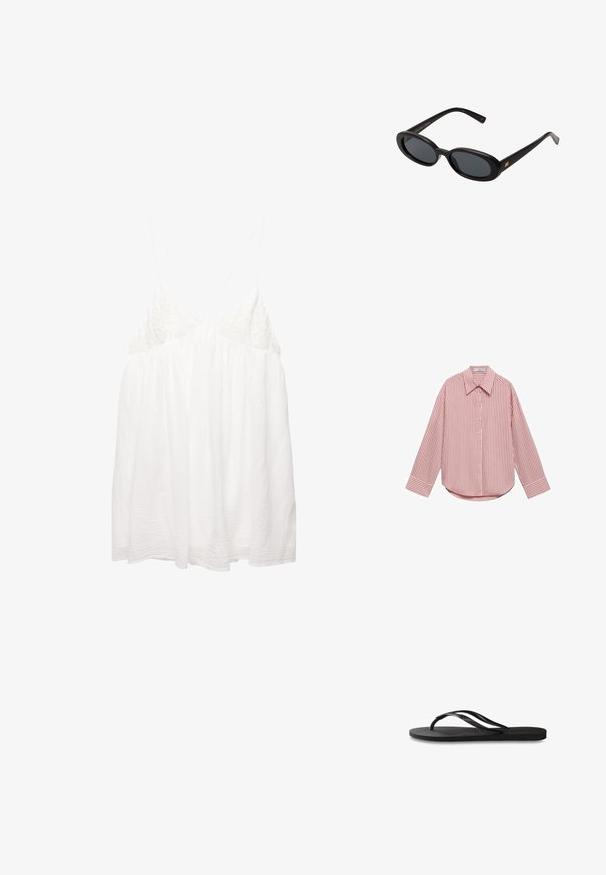 Bela, brezrokavna majica z občutljivimi čipkastimi detajli na telesu, tekočim materialom in prilagodljivimi naramnicami. Teksturni, lahki material.; Rojena majica z dolgimi rokavi v svetlo roza barvi z navpičnimi belimi črtami. Ima koničast ovratnik, sprednje gumbe ter zaobljen rob. Mehka tekstura blaga.; Črne natikače z teksturirano gumijasto podlogo, dvema ozkima trakoma in subtilnim, vtisnjenim logom na traku.; Črne oversize sončne očala z ovalnimi lečami, gladkim plastičnim okvirjem in zlatenimi detajli na templjih. Temne leče zagotavljajo zaščito pred soncem.