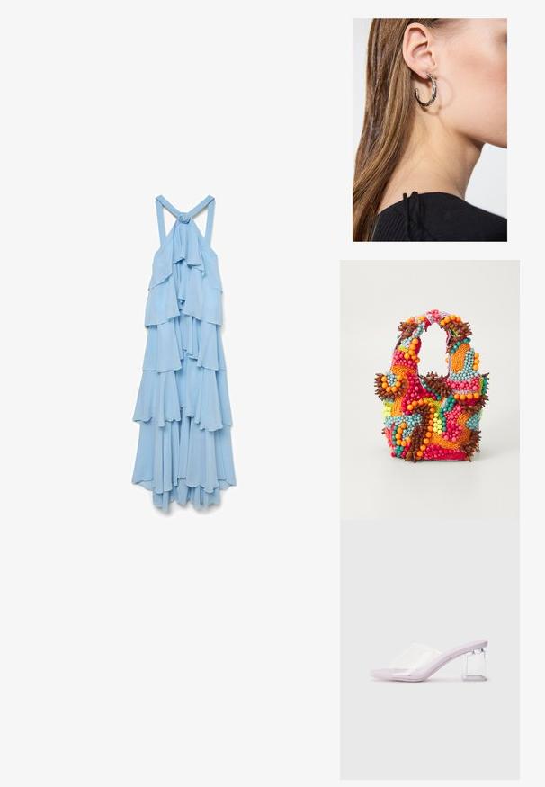 Robe sans manches bleu clair avec des volants superposés. Le tissu semble doux et fluide, avec un détail en nœud sur les bretelles arrière.; Mules lilas à talons avec une tige en plastique transparent et un talon bloc transparent. Texture lisse, design à bout ouvert, forme minimaliste.; Sac à main en perles aux couleurs vives : rose, orange, bleu et marron. Surface texturée avec des perles circulaires et des formes organiques, poignées robustes.; Boucle d'oreille en argent avec une finition polie, présentant de petits détails en or et de forme ronde, portée sur le lobe.