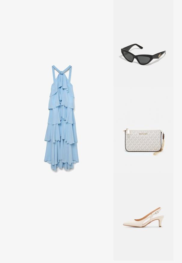 Lyseblå, ærmeløs kjole med lagdelte flæser. Stoffet ser blødt og svævende ud, med en knude detalje på bagsiden af stropperne.; Hvide slingback hæle med spids tå, glat overmateriale, lav blokhæl og sideudskæringsdesign med justerbar spænderem.; Cat-eye solbriller med en mat sort kunststoframme, mørke linser og en guldfarvet logoaccent på stænger. Vinklet design og glat overflade.; Michael Kors håndleddstropp i beige belagt lær med et gentaget MK-logo mønster, guld hardware og en aftagelig kædestrop.