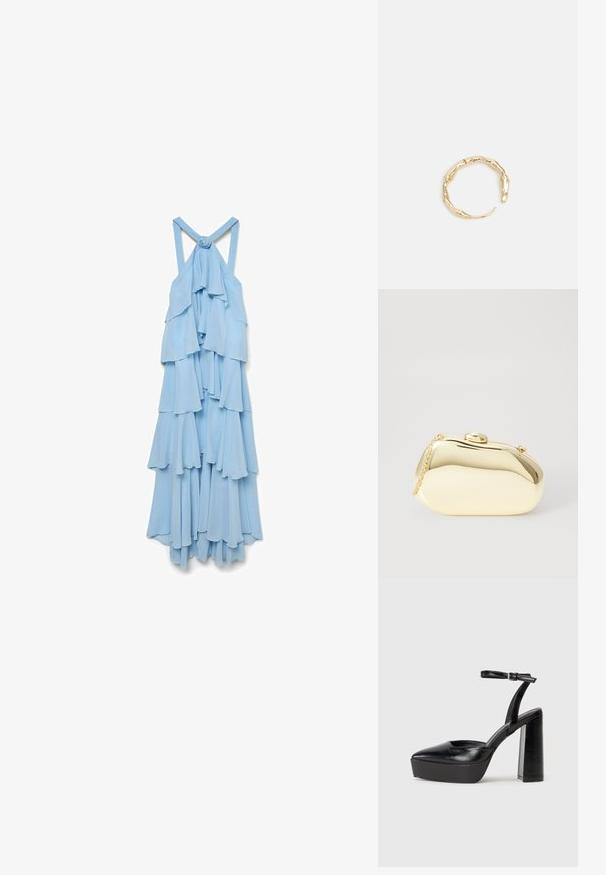 Šviesiai mėlyna, be rankovių suknelė su sluoksniuotais volanais. Medžiaga atrodo minkšta ir plazdanti, o nugaros dirželiuose yra mazgo detalė.; Juodi platforminiai aukšti kulniukai su smailiu kojų pirštu ir reguliuojamu kulkšnies dirželiu. Pagaminti iš lygaus odos, turi masyvų blokinį kulną.; Metalinis auksinis rankinukas su glotnia, suapvalinta forma, turintis viršutinį mygtuko užsegimą ir mažą grandinėlės dirželį nešiojimui.; Auksinės spalvos žiedas, turintis organišką, sukimosi dizainą su lygiu paviršiumi ir siaurėjančiais galais, sukuriantis modernią skulptūrinę išvaizdą.