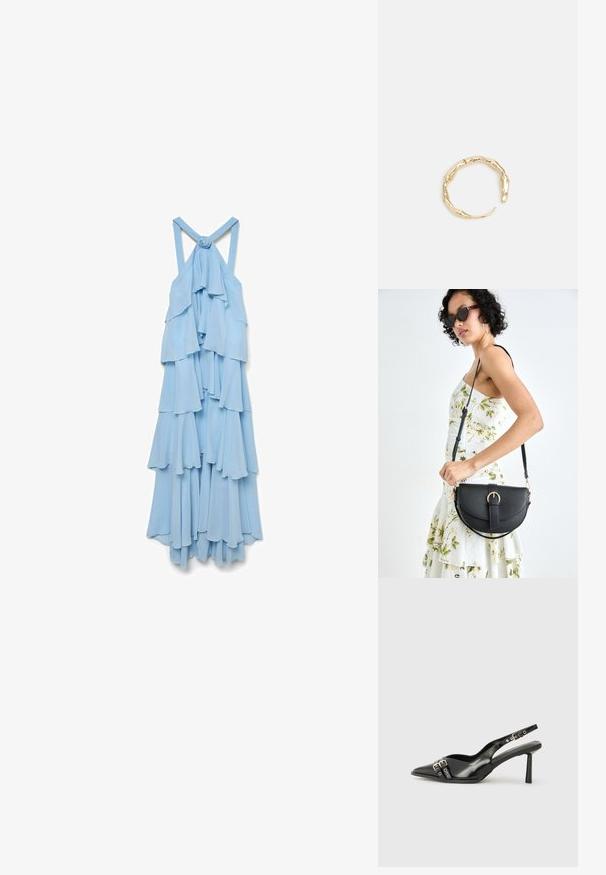 Svetlo modra, brez rokavov obleka s plastmi volančkov. Tkanina se zdi mehka in lahkotna, z detajlom vozla na hrbtnih trakih.; Črne patentne usnjene sandale s koničastim nosom, zankami okoli gležnja s srebrnimi sponkami in opremo ter vitkimi petami.; Črna usnjena torbica s ukrivljeno obliko, z odstranljivo naramnico in zlatimi dodatki. Torbica ima pokrov s podrobnostmi v obliki zaponke.; Zlati prstan s organskim, zvitim dizajnom, gladko površino in taperiranimi konci, ki ustvarja modernega, skulpturalnega videza.