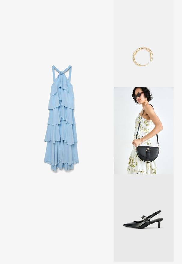 Heled sinine, varrukateta kleit kihiline rüüdega. Kanga välimus on pehme ja voolav, taga rihmade juures on sõlme detail.; Mustad patenteeritud nahast sildiga kontsad, millel on terav nina ja väike plokk-konts, mille rihmal on hõbedane pandla aksessuaar.; Mustmust mustraha kõverate joontega, eemaldatava rihmaga ja kuldsete detailidega. Kotil on klapp, millel on pandladetail.; Kuldtoonis sõrmus, millel on orgaaniline, keerdunud disain sileda tekstuuri ja kitsenevate otstega, luues kaasaegse skulptuurilise välimuse.