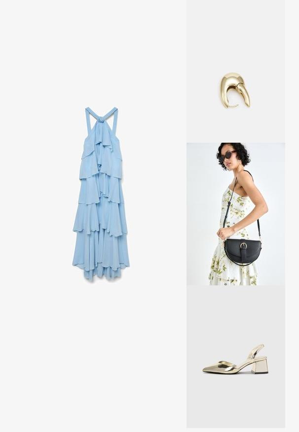 Helles blaues, ärmelloses Kleid mit mehrschichtigen Rüschen. Der Stoff wirkt weich und fließend, mit einem Knoten-Detail an den Rückenträgern.; Goldene, metallische Slingback-Absätze mit spitzem Zeh und dicker Ferse. Glatte Textur, minimalistisches Design und ein schmaler Riemen.; Schwarze Lederhandtasche mit geschwungener Form, abnehmbarem Tragegurt und goldenen Beschlägen. Die Tasche verfügt über einen Deckel mit einer Schnallen-Details.; Ohrringe aus goldfarbenem Metall mit einem schlanken, geschwungenen Design. Sie verfügen über eine markante, spitze Form, eine polierte Oberfläche und einen Scharnierverschluss.