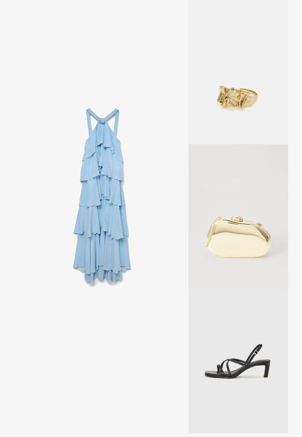 Lyseblå, ærmeløs kjole med lagdelte flæser. Stoffet ser blødt og svævende ud, med en knude detalje på bagsiden af stropperne.; Sort remsandale med firkantet tå og en lav blokeret hæl. Har flere tynde stropper og en justerbar ankelrem. Fremstillet af glat læder.; Metallic guld clutch med en glat, rund form, udstyret med en topknap-lås og et lille kædehåndtag til bæring.; Guldring med tekstureret, bølget design, der har tre fremtrædende toppe. Glat, skinnende overflade med en åben ring, der gør den justerbar.; Guldring med tekstureret, bølget design, der har tre fremtrædende toppe. Glat, skinnende overflade med en åben ring, der gør den justerbar.