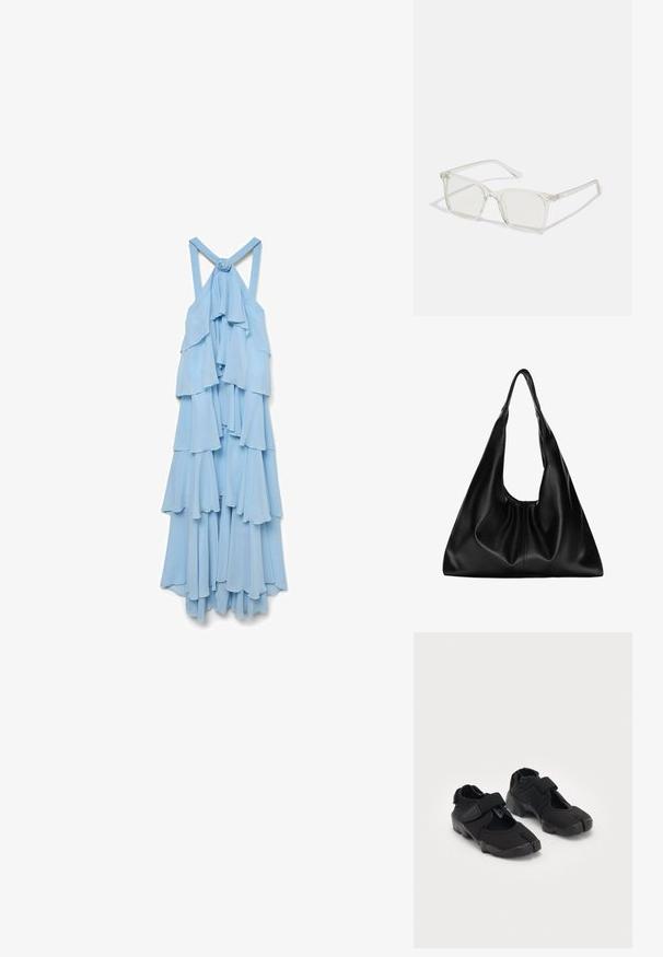 Lichtblauwe, mouwloze jurk met gelaagde ruffles. De stof lijkt zacht en vloeiend en heeft een knoopdetail bij de schouderbanden.; Zwarte waterschoenen gemaakt van flexibel materiaal met een klittenbandsluiting, met een unieke gesplitste te ontwerpen en een rubberen zool met textuur voor grip.; Heldere plastic vierkante monturen met doorzichtige glazen, gekenmerkt door gouden accenten op de slapen voor extra detail.; Zwarte leren hobo tas met een zachte, gebogen vorm. Heeft een brede bovenhandgreep en plooien aan de onderkant voor een slappe textuur.
