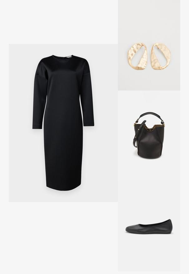 Černé dlouhé šaty s dlouhými rukávy z hladkého materiálu, s kulatým výstřihem a rovnou siluetou, bez viditelných vzorů nebo zdobení.; Černé kožené baletní byty s kulatou špičkou, hladkou texturou, minimálními švy a flexibilním designem podrážky.; Černá kožená kabelka ve tvaru vědra s texturovaným povrchem, zlatými kovovými akcenty a otevřeným vrchem. Obsahuje krátkou rukojeť a nastavitelný ramenní popruh.; Pár nepravidelných oválných náušnic z kovu pozlaceného zlatem s texturovaným, mírně kladivkovým povrchem na bílém pozadí.