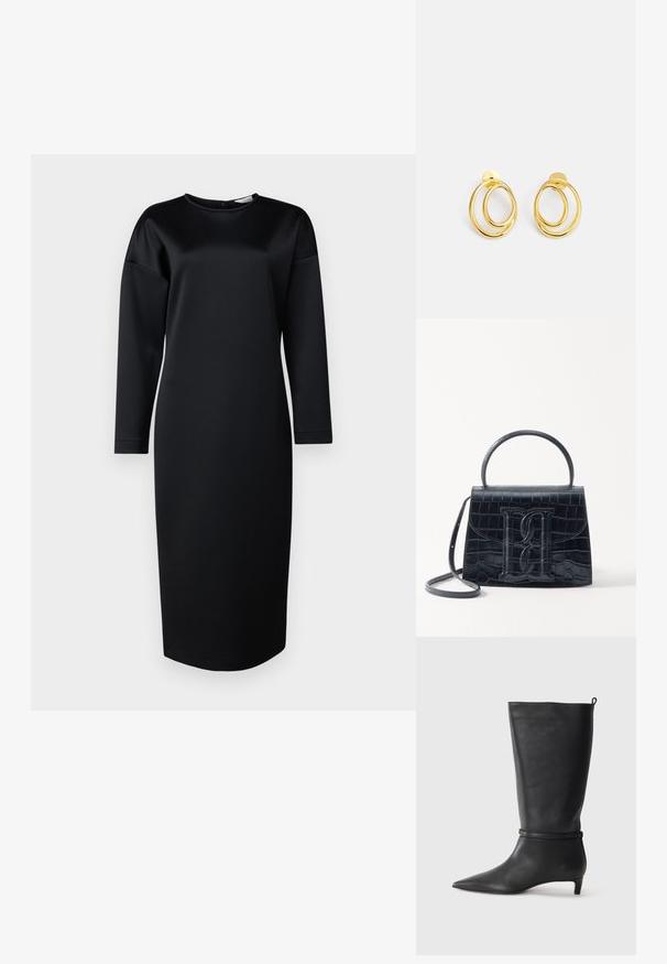 Černé dlouhé šaty s dlouhými rukávy z hladkého materiálu, s kulatým výstřihem a rovnou siluetou, bez viditelných vzorů nebo zdobení.; Černé kožené kozačky ke kolenům s špičatou špičkou, zdobené kulatým páskem kolem kotníku a nízkým, zužujícím se podpatkem. Hladký povrch.; Černá kabelka z krokodýlí kůže s embosovaným vzorem, strukturovaným designem, horním uchycením, nastavitelným popruhem a výrazným logem na přední straně.; Zlaté kruhové náušnice s dvěma propletenými kruhovými tvary, hladkým povrchem a uzávěrem na hřebínek pro bezpečné nošení.