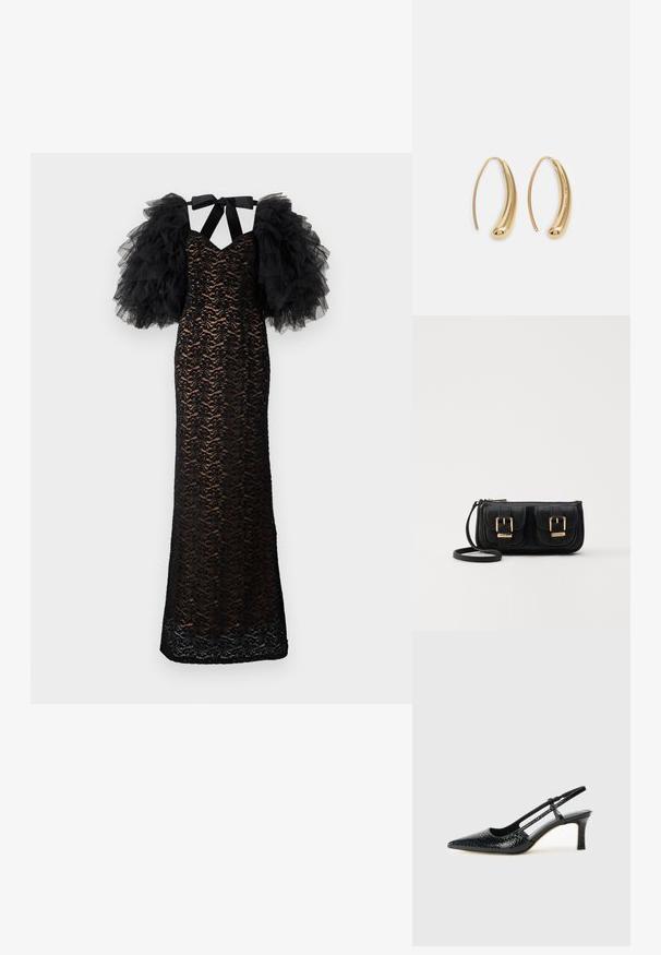 Ida Sjöstedt DARBY DRESS - Alkalmi viselet - black; Fekete lakk slingback sarok, hegyes orral, texturált kígyómintával, állítható pánttal és rövid, texturált tömbsarkal.; Fekete bőr keresztbody táska két elülső zsebbel, arany csattokkal, cipzáras záródással és vékony pánttal. Textúrált felület és kompakt téglalap alak.; Aranyszínű fémből készült karika fülbevalók ívelt, hosszúkás formával. Simaságával és fényes felületével, valamint lekerekített végével további részletekkel bővül.