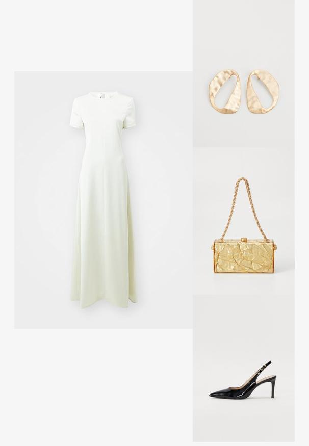 Rochie maxi de culoare verde deschis, cu mâneci scurte, guler rotund și o formă în A, realizată dintr-un material neted, texturat.; Pantofi slingback din piele patent neagră, cu vârful ascuțit, tocul subțire și un design discret cu decupaj. Se evidențiază printr-un cataramă aurie pe curea.; Geanta dintr-un material auriu cu o textură șifonată, având o formă rectangulară, dotată cu un sistem de prindere cu lanț și un zăvor în partea de sus. Finisaj neted și strălucitor.; O pereche de cercei din metal de culoare aurie, cu formă ovală neregulată, având o suprafață texturată, ușor ciocănită, pe un fundal alb.