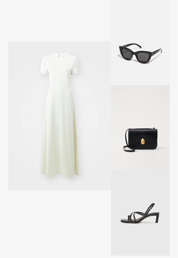 Maxiklänning i ljusgrön, med korta ärmar, rund halsringning och A-linjeform med ett mjukt, strukturerat tyg.; Svart sandaler med remmar och fyrkantig tå samt låg blockklack. Har flera tunna remmar och en justerbar ankelrem. Tillverkad av mjukt läder.; Svarta kattögon-solglasögon med matt yta, utrustade med gråtonade linser, skarpa vinklar och slanka sidobågar. Varumärket synligt på den inre bågen.; Svart läderhandväska med en strukturerad rektangulär form. Har ett gyllene ovalt lås och ett tunt axelband. Slät textur.; Klart och bärnstensfärgade ringar av resin, en slät och transparent, den andra med en strukturerad bärnstensfinish. Båda har rundade, kraftiga design.