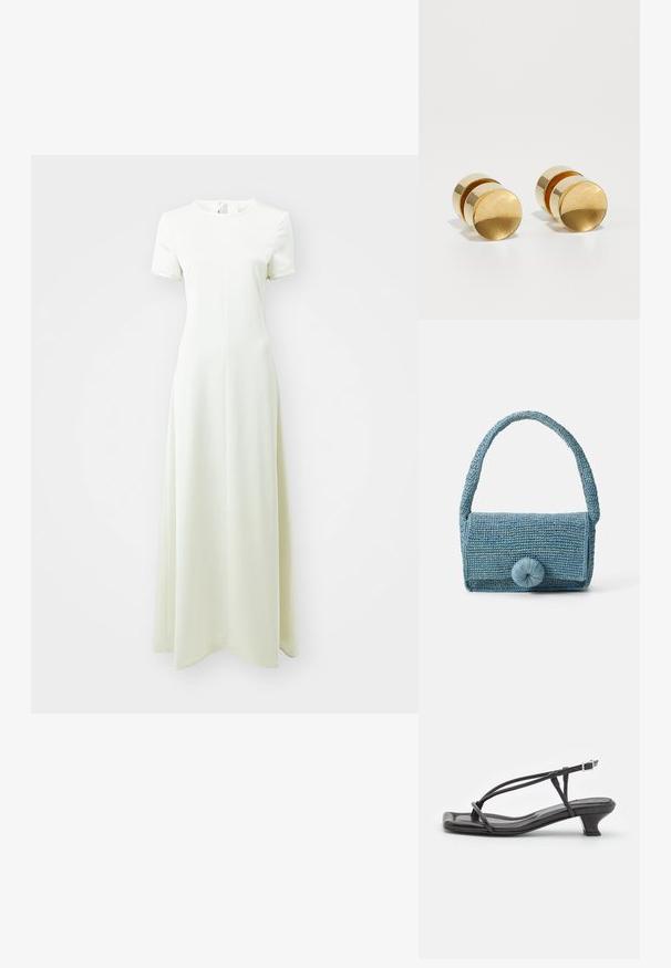 Hele pikkusega kleit helesiniselt rohelises toonis, millel on lühikesed varrukad, ümar kaelus ja A-laineline lõige, millel on sile ja tekstuuriga kude.; Must must sandaalid, millel on õhukesed rihmad, madal plokknina ja ruudukujuline varvas. Omab kinnitust nahkel ja sile pind.; Kootud sinine käekott tekstuurse pinna, ristküliku kujuga, lühikese käepideme ja suur ümmargune kinnituse detailiga esiküljel.; Kuldmetallist kõrvarõngad, millel on lihtne ümmargune kuju, sile pind ja keskel poleeritud riba. Diameeter on umbes 1 cm.