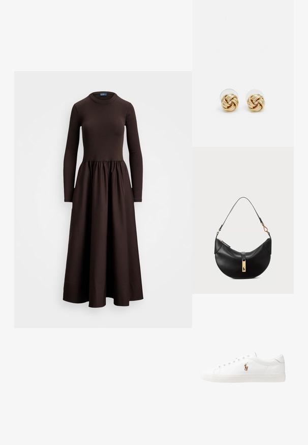 Brown long-sleeve dress with a fitted bodice and a flared, gathered skirt. Made from soft fabric, featuring a round neckline and seamless design.; White leather sneakers, low-top design, featuring a smooth texture, round toe, laced front, and a small embroidered logo on the side.; Black leather handbag in a half-moon shape. Features a gold hardware accent and a narrow strap. Smooth texture, zipper closure at the top.; Gold-tone knot stud earrings with a twisted design. Each earring features a circular clear backing for secure wear.