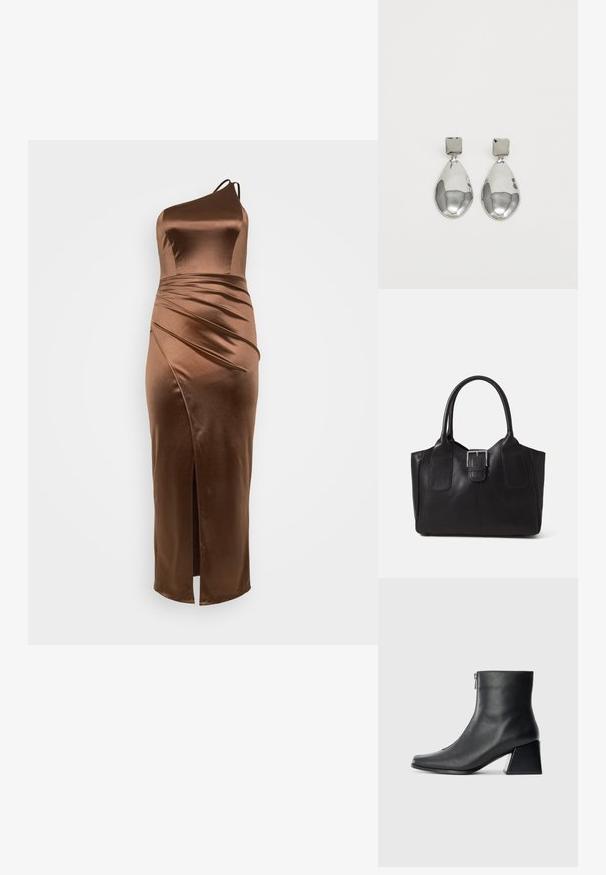 Rochie din satin maro cu un umăr, cu un corset ajustat, textură drapată și o fanta laterală, concepută pentru o siluetă elegantă și alungită.; Botină neagră din piele, cu vârf pătrat, fermoar pe lateral și toc bloc, pe un fundal simplu deschis.; Geantă tote din piele neagră cu textură netedă, formă structurată, două mânere și un detaliu proeminent din aliaj de argint pe partea din față.; Cercei din argint cu stud pătrat, având un finisaj neted și lustruit, într-o formă de lacrimă, care reflectă lumina cu o suprafață lucioasă.