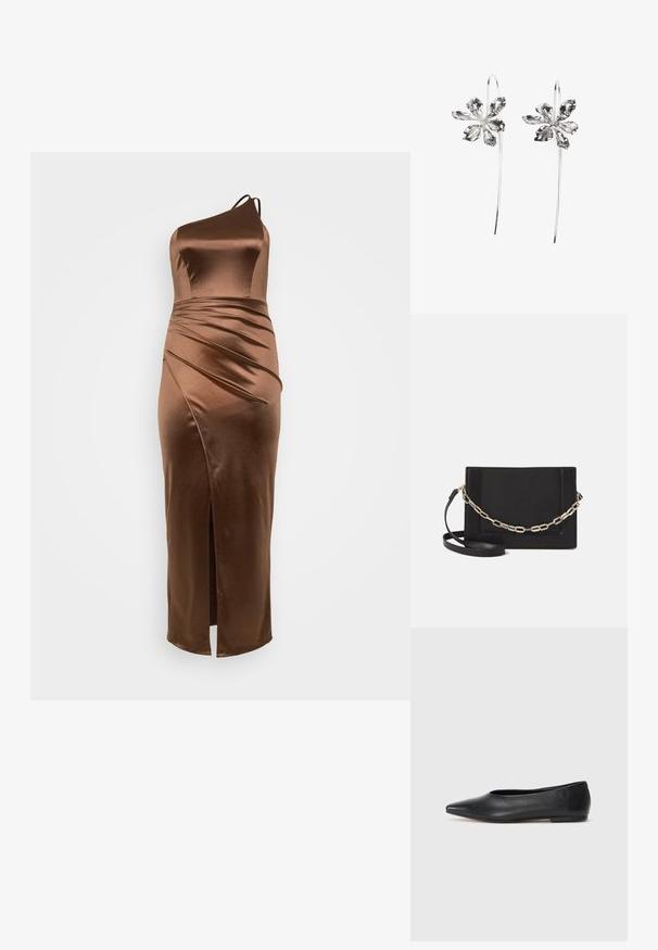 Robe en satin marron à une épaule avec un corsage ajusté, une texture drapée et une fente sur le côté, conçue pour une silhouette élancée et élégante.; Ballerines noires en cuir, à bout pointu, design minimaliste, texture lisse, talon bas, sans matériel ni embellissements visibles.; Sac bandoulière en cuir noir avec une texture lisse, de forme rectangulaire et un détail en chaîne métallique à l'avant. Sangle réglable incluse.; Boucles d'oreilles en argent en forme de fleur avec une finition texturée, présentant de longs crochets et des détails en forme de pétales pour un design complexe.