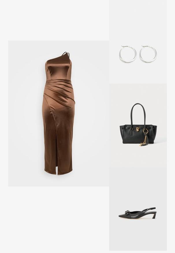 Hnedá saténová šaty na jedno rameno s priliehavým korzetom, drapovanou textúrou a postranným rozparkom, navrhnuté pre štíhly a predĺžený siluetu.; Čierne kožené sandále s úzkym prstom, malým opätkom a dekoratívnou sponou na vrchnej časti. Hladká textúra, minimalistický dizajn.; Čierna kožená kabelka s dvojitými uchami, zlatým zámkom a reťazovým detailom, a čierno-bielym strapcom na bielom pozadí.; Strieborné kruhové náušnice majú hladký, zaoblený dizajn s tenkým profilom a bezpečným zapínaním. Minimalistický štýl s lešteným povrchom.