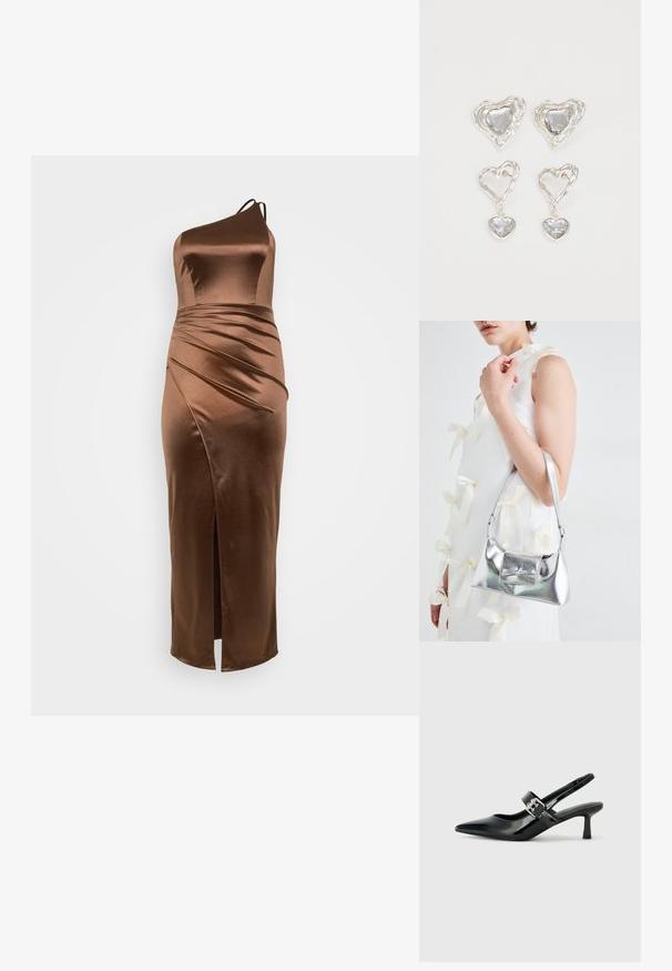 Pruun satiinist üks õlgadega kleit, millel on istuv korpus, drapeeritud tekstuur ja külgsilt, kujundatud sujuva, pikendatud silueti jaoks.; Mustad patenteeritud nahast sildiga kontsad, millel on terav nina ja väike plokk-konts, mille rihmal on hõbedane pandla aksessuaar.; Hõbedane metallik käekott struktureeritud kujuga, millel on ülemine sang ja ettepoole suunatud paeladetail. Sile tekstuur, peegeldav viimistlus.; Hõbedased südamekujulised kõrvarõngad on kaunistatud lõhikute ja selgete kividega ning neil on tekstureeritud raam. Komplekti kuuluvad kõrvarõngad nupud ja rippuvad mudelid.