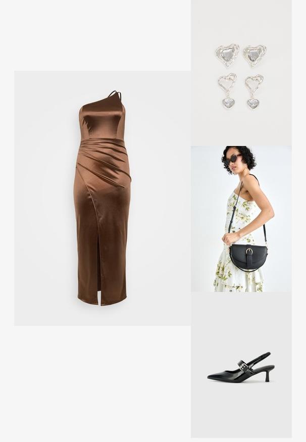 Brun satin yhdellä olkapäällä oleva mekko, jossa on tiukka vartalo-osa, drapattu pinta ja sivu halkio, suunniteltu saamaan aikaan sulava, pitkä silhouette.; Musta patenttinaahkakengät, joissa on osoittava kärki ja pieni lohko korko, varustettuna hopeisella soljella hihnassa.; Musta nahkainen käsilaukku, joka on kaareva muotoilultaan, irrotettavalla hihnalla ja kultaisilla yksityiskohdilla. Laukussa on läppä, jossa on solk yksityiskohta.; Hopeasydänkorvakorut sisältävät hiottuja kirkkaita kiviä, joissa on teksturoitu kehys. Settiin kuuluu nappi- ja roikkuvat mallit.