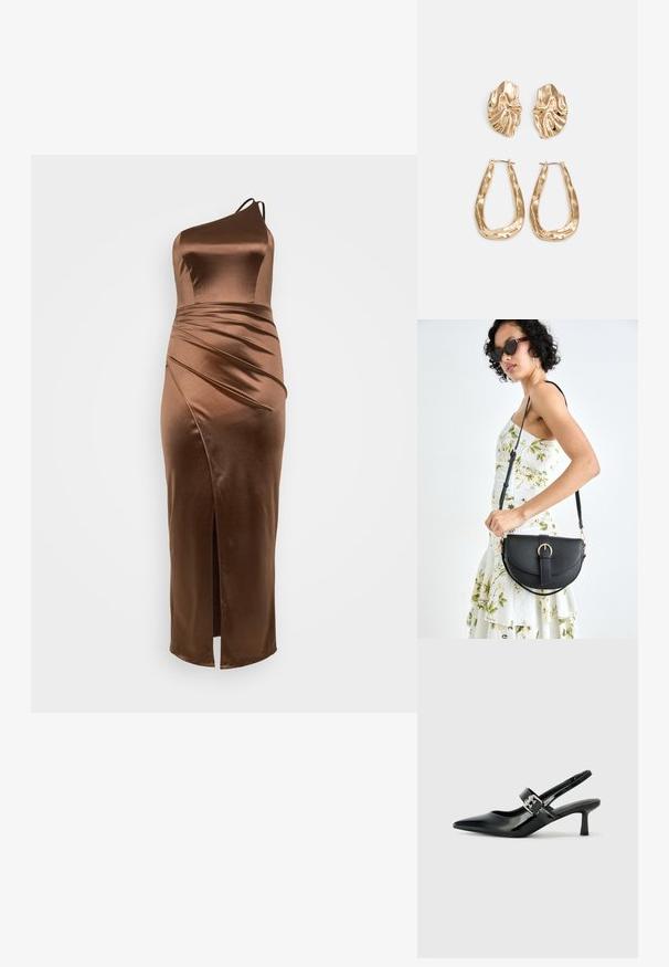Rjava satenasta obleka z enim ramenom, prilagojenim bodicami, drapirano teksturo in stranskim razporkom, zasnovana za eleganten, podolgovat silhuet.; Črne patent usnjene slingback pete s koničastim nosom in majhnim blok peto, ki vključujejo srebrno zaponko na traku.; Črna usnjena torbica s ukrivljeno obliko, z odstranljivo naramnico in zlatimi dodatki. Torbica ima pokrov s podrobnostmi v obliki zaponke.; Zlato obarvani uhani z teksturiranimi, valovitimi oblikami. Vključujejo skulpturalne sponke za ušesa in odprto obliko obročka s kladivastim finišem.
