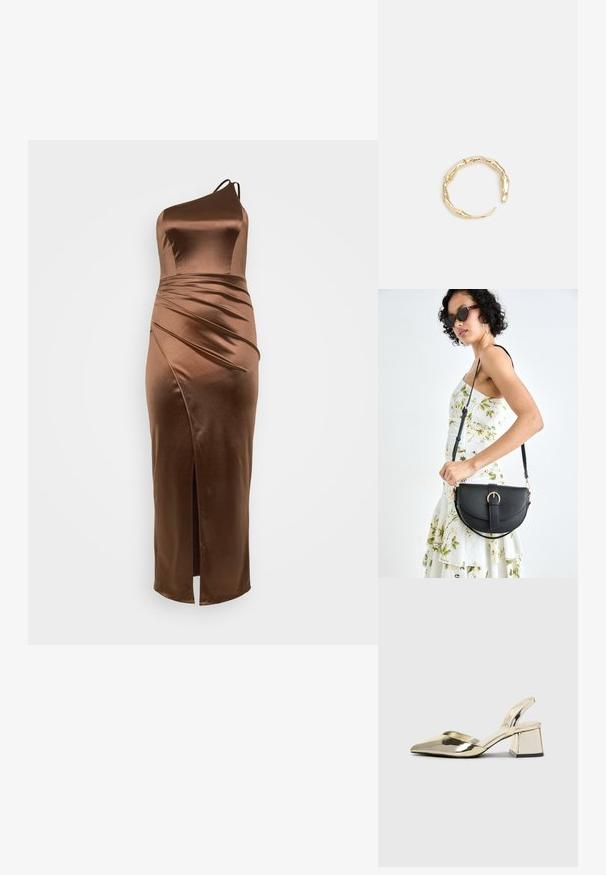 Braunes Satin-Einschulterkleid mit tailliertem Oberteil, drapiertem Textur und einem seitlichen Schlitz, entworfen für eine schlanke, verlängerte Silhouette.; Goldene, metallische Slingback-Absätze mit spitzem Zeh und dicker Ferse. Glatte Textur, minimalistisches Design und ein schmaler Riemen.; Schwarze Lederhandtasche mit geschwungener Form, abnehmbarem Tragegurt und goldenen Beschlägen. Die Tasche verfügt über einen Deckel mit einer Schnallen-Details.; Goldfarbener Ring mit einem organischen, gedrehten Design, glatter Oberfläche und sich verjüngenden Enden, was ein modernes, skulpturales Erscheinungsbild erzeugt.