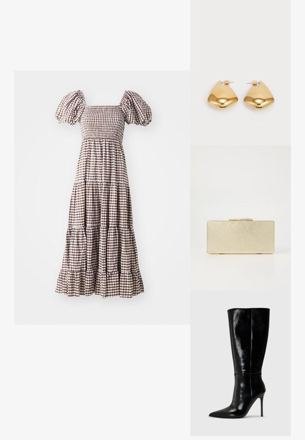 Rjava in bela kockasta obleka z napihnjenimi rokavi, kvadratnim izrezom, gubanjem na telesu in večplastnim, nabranim krilom.; Črne usnjene škornje do kolen s koničastim nosom in visokim stiletto peto. Gladka tekstura in eleganten dizajn, ki vključuje minimalne detajle.; Zlata torbica za naočare s glatkom metalnom površinom, pravokutnog oblika i jednostavnim kopčanjem. Nema vidljivih uzoraka ili ukrasa.; Zlato obarvani kovinski uhani z gladko, zaobljeno trikotno obliko in zasnovo s pritrditvijo na zadnji strani; odbojna površina z minimalnim detajliranjem.