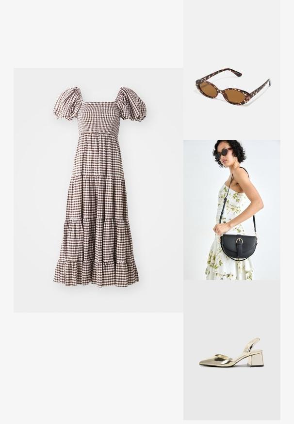 Haljina od smešnog i belog kariranog uzorka sa naduvenim rukavima, kvadratnim dekolteom, smoksanim bodicem i slojevitim, volanenim dizajnom suknje.; Zlatni metalik slingback sandali s šiljatim vrhom i debelim potpeticama. Glatka tekstura, minimalistički dizajn i uski remen.; Naočale od kornjače s ovalnim lećama, smeškanim tonovima, tanke nogice s teksturiranim uzorkom, lagani plastični okvir.; Crna kožna torba s lukovitim oblikom, odvojivim remenom i zlatnim detaljima. Torba ima preklop s kopčom.