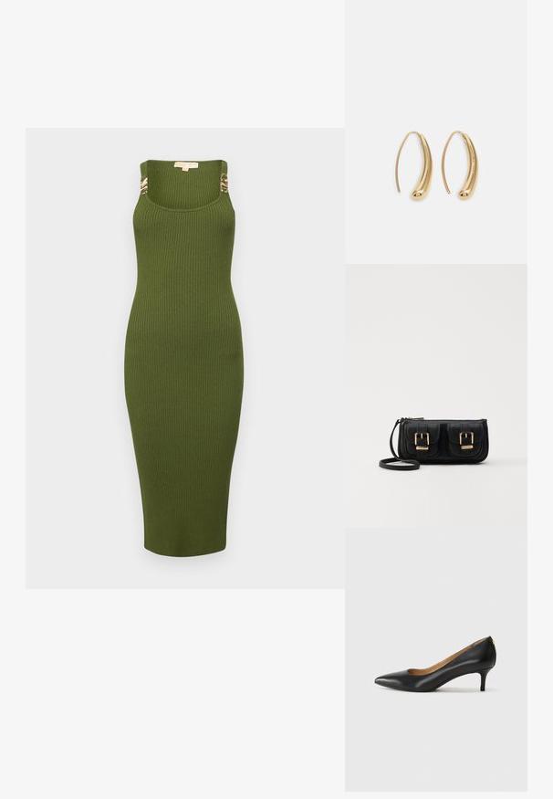 MICHAEL Michael Kors EMPIRE MIDI TANK - Stickad klänning - evergreen; Svart läderpumps med spetsig tå, låg klack och slät yta. Har en liten öppning framtill och minimal hårdvara bak.; Svart läderaxelväska med två framfickor, guldspännen, dragkedjestängning och en smal rem. Texturerad yta och kompakt rektangulär form.; Guldtonade metallörhängen i en kurvad, avlång form. Har en slät, glänsande yta och en rundad spets för en extra detalj.