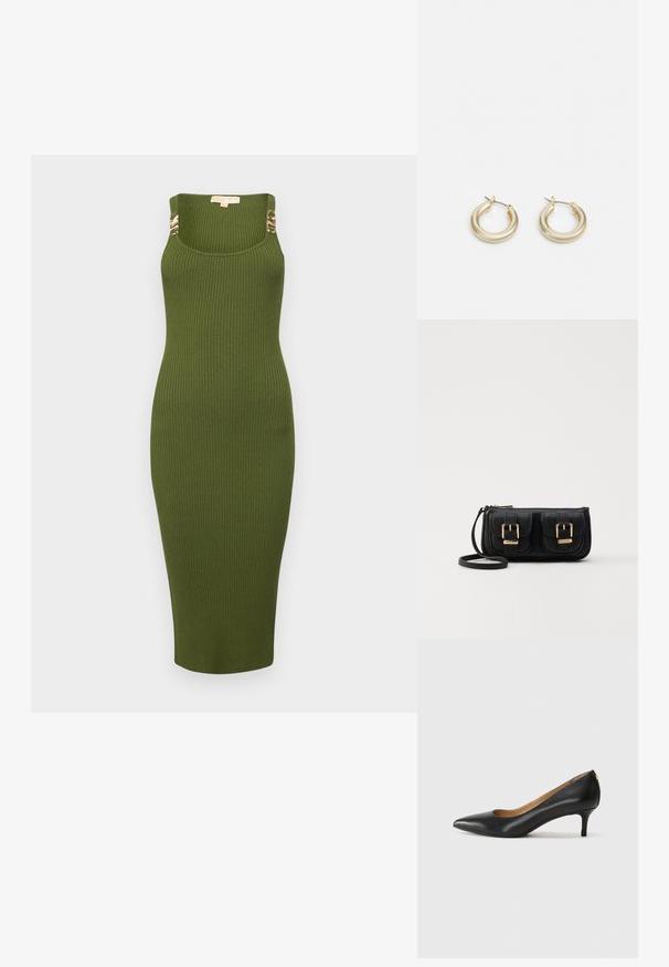 MICHAEL Michael Kors EMPIRE MIDI TANK - Kampsunkleit - evergreen; Must musta musta, millel on terav nina, madal konts ja sile tekstuur. Omab pisut avatud osa ees ja minimaalset riistvara taga.; Must küllastamata nahast õlakott, millel on kaks esist nähtavat taskut, kuldsed pandlad, tõmblukuga sulgemine ja peen rihm. Tekstuuriga pind ja kompaktne ristkülikukujuline kuju.; Lauren Ralph Lauren BASIC SMALL HOOP - Kõrvarõngad - gold-coloured