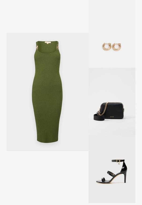 MICHAEL Michael Kors EMPIRE MIDI TANK - Pulóverruha - evergreen; Fekete lakk bőr szandál három pánttal, bokapánttal és 10 cm magasságú tűsarokkal. Arany színű részletekkel és logó charm-mal rendelkezik.; Fekete bőr keresztbody táska arany lánc díszítéssel, cipzáras záródással és levehető szövetpánttal. Michael Kors logó az elülső részen.; Arany fülbevalók polírozott felülettel, vastag, kör alakú kialakítással és biztos zárómechanizmussal. Simább textúra és fényes megjelenés.