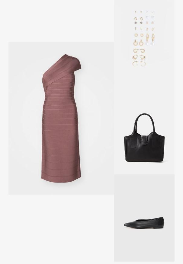 Ühe õlaga kleit tekstuuriga mauve kangast, millel on horisontaalne triibudisain. Põlvini ulatuv ja kehakujuline.; Musthave mustris balletkingad, terav nina, minimaliseeritud disain, sile pind, madal konts, ilma nähtava riistvara või kaunistusteta.; Mustgamma nahast kott, millel on sile tekstuur, struktureeritud kuju, kaks käepidet ja esiküljel silmapaistev hõbedane pandla detail.; Kullastusust kõrvarõngaste komplekt, mis sisaldab erinevaid disaine, sealhulgas nööpe, rõngaid ja riputatavaid tükke, millel on pärlid ja rhinestones.