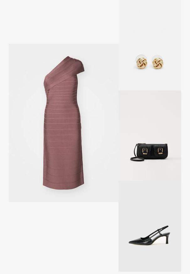 Šaty na jedno rameno z texturované mauve tkaniny, s horizontálním pruhovaným vzorem. Délka po kolena s přiléhavým střihem.; Černé lakované slingback podpatky s špičatou špičkou, zdobené texturovaným hadím vzorem, nastavovacím páskem a krátkým texturovaným blokovým podpatkem.; Černá kožená crossbody taška se dvěma předními kapsami, zlatými přezkami, zipovým uzávěrem a štíhlým popruhem. Texturovaný povrch a kompaktní obdélníkový tvar.; Náušnice ve zlatém tónu ve tvaru uzlu s propleteným designem. Každá náušnice má kulatou průhlednou oporu pro bezpečné nošení.