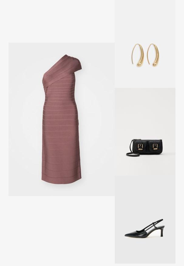 Šaty na jedno rameno z texturované mauve tkaniny, s horizontálním pruhovaným vzorem. Délka po kolena s přiléhavým střihem.; Černé lakované slingback podpatky s špičatou špičkou, zdobené texturovaným hadím vzorem, nastavovacím páskem a krátkým texturovaným blokovým podpatkem.; Černá kožená crossbody taška se dvěma předními kapsami, zlatými přezkami, zipovým uzávěrem a štíhlým popruhem. Texturovaný povrch a kompaktní obdélníkový tvar.; Náušnice ve tvaru kruhu z pozlaceného kovu s vroubkovaným, prodlouženým tvarem. Mají hladký, lesklý povrch a zaoblený konec pro zvýraznění detailu.