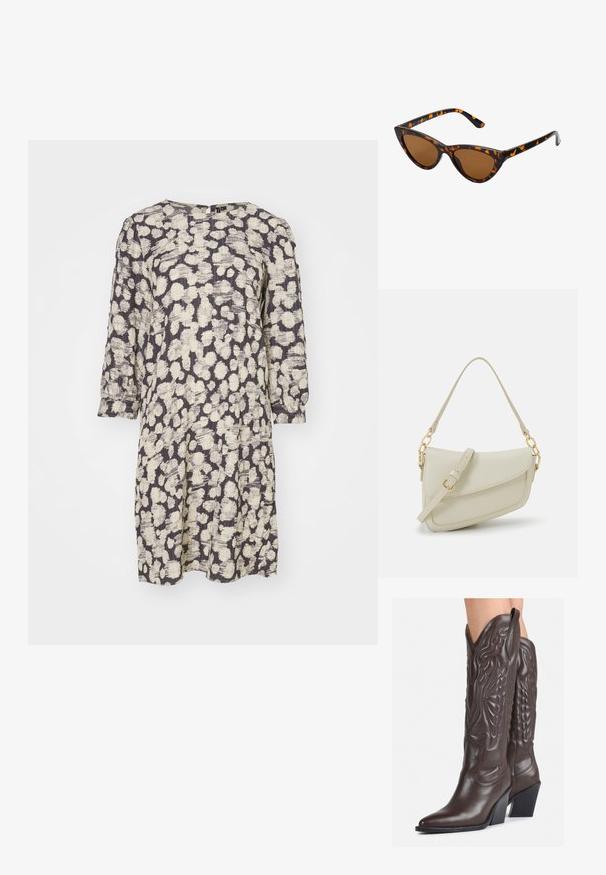 Vestido de mangas curtas em um tecido leve e texturizado. Apresenta um padrão abstrato em bege e cinza escuro, com gola redonda e corte solto.; Botas de cowboy em couro castanho com bico pontudo e salto quadrado, apresentando costuras detalhadas e realces elevados no cano.; Óculos de sol estilo gato com uma armação em tartaruga preta e laranja, lentes castanhas e pontas elegantes e pontiagudas. Apresenta um logo minimalista na haste.; Pequena bolsa de creme com um acabamento texturizado, uma alça longa ajustável, um detalhe em corrente e um fecho de aba. Detalhes em hardware dourado.