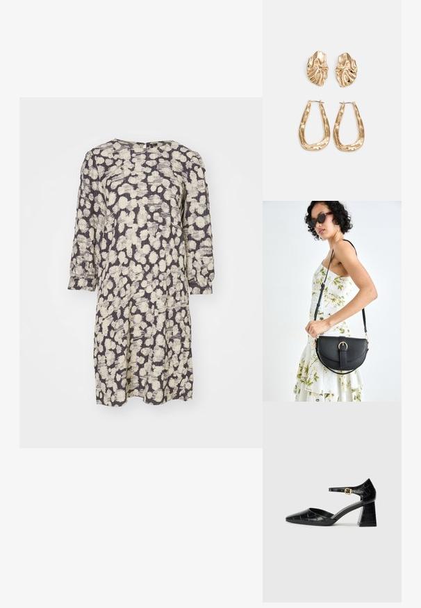 Vestido de mangas curtas em um tecido leve e texturizado. Apresenta um padrão abstrato em bege e cinza escuro, com gola redonda e corte solto.; Sapato de salto alto em couro envernizado preto com bico apontado, tira no tornozelo e padrão texturizado de crocodilo. Design de salto quadrado.; Bolsa de couro preta com forma curva, alça destacável e detalhes em dourado. A bolsa possui uma aba com detalhe de fivela.; Brincos em tom de ouro com formas onduladas e texturizadas. Inclui studs escultóricos com presilha e um design de argola aberta com um acabamento martelado.