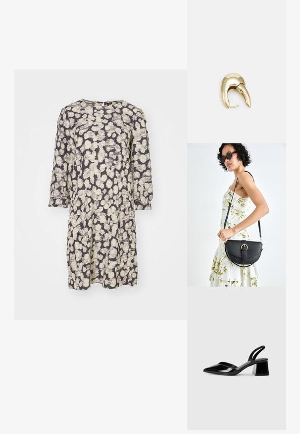 Lyhythihainen mekko kevyestä ja teksturoidusta kankaasta. Siinä on beige ja tummanharmaa abstrakti kuvio, pyöreä kaulus ja löysä malli.; Mustat patentoitu nahkakengät, joissa on säären takaosa ja terävä kärki, sekä geometrinen palikkakorko. Sisältää tyylikkään, minimalistisen muotoilun ja sileän pinnan.; Musta nahkainen käsilaukku, joka on kaareva muotoilultaan, irrotettavalla hihnalla ja kultaisilla yksityiskohdilla. Laukussa on läppä, jossa on solk yksityiskohta.; Kultahipuinen korvakoru, jossa on sulavalinjainen, kaareva muotoilu. Ominaisuuksiin kuuluu erottuva terävä muoto, kiillotettu pinta ja sarana kiinnitys.