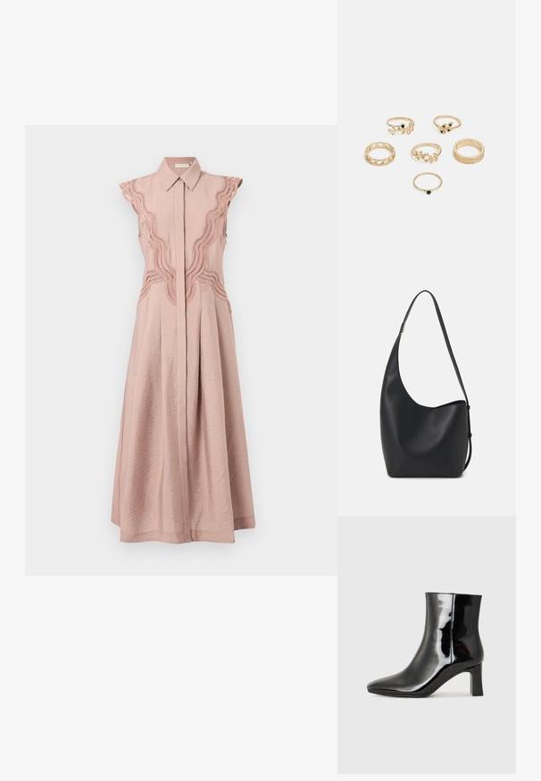 Ujjatlan, rózsaszín ruha gombos elülső résszel, texturált anyagból, és bonyolult, hullámzó hímzéssel a vállakon és az oldalakon.; Fekete lakk bőrcipő bokáig érő, hegyes orral és közepes magasságú tömbsarokkal. Simább textúrával és minimalista dizájnnal rendelkezik.; Fekete bőr hobo táska sima textúrával, ívelt formával és egyetlen állítható pánttal; széles nyílás található a tetején.; Hat gyűrűből álló készlet arany színben, különböző mintákkal: fonott, levélmotívumokkal és sima karikák; néhány zöld drágakő díszítéssel.