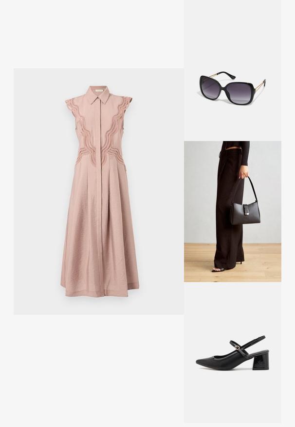 Vestido sin mangas de color rosa con un cierre de botones en la parte frontal, tejido texturizado y delicados bordados ondulados en los hombros y los costados.; Tacones slingback de charol negro con punta afilada, un diseño de corte redondeado y tacón bloque. Incluye un detalle de hebilla en tono dorado.; Gafas de sol negras de gran tamaño con lentes degradados, montura gruesa y detalles de cadena en tono dorado en las patillas.; Bolso negro con forma estructurada, textura suave y un cierre metálico. Combinado con pantalones anchos negros y sandalias de dedo en un suelo de madera.