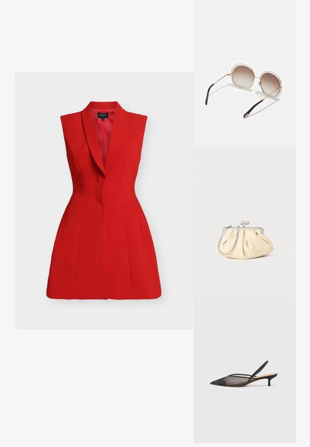 Red sleeveless dress with a notched collar, structured design, tailored fit, and accentuated waist. Made from smooth fabric with side seams.; NEOUS IRENA - Classic heels - black; CHLOÉ CARLINA OVERSIZED ROUND METAL SUNGLASSES - Sunglasses - gold-coloured/brown; Pleated beige leather clutch with a silver metal frame, featuring two round decorative clasps and a silver chain strap.