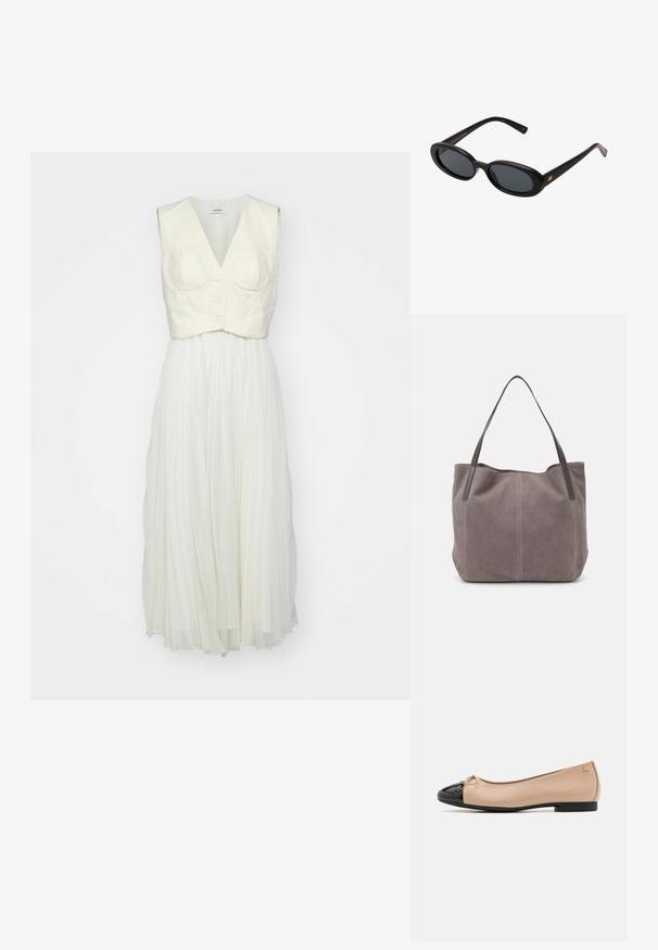 sandro ROBE - Jurk - ecru; Ballet flats met een beige satijnen bovenkant, zwarte lakleren neuskap, kleine strikdetail aan de voorkant en een lage zwarte hak.; Zwarte oversized zonnebril met ovale lenzen, een glad plastic montuur en gouden accenten op de pootjes. Donkere lenzen bieden bescherming tegen de zon.; Grijze suède tote bag met twee donkere leren hengsels. Kenmerkt zich door gestikte details aan de zijkanten, een zachte textuur en een ruime opening.