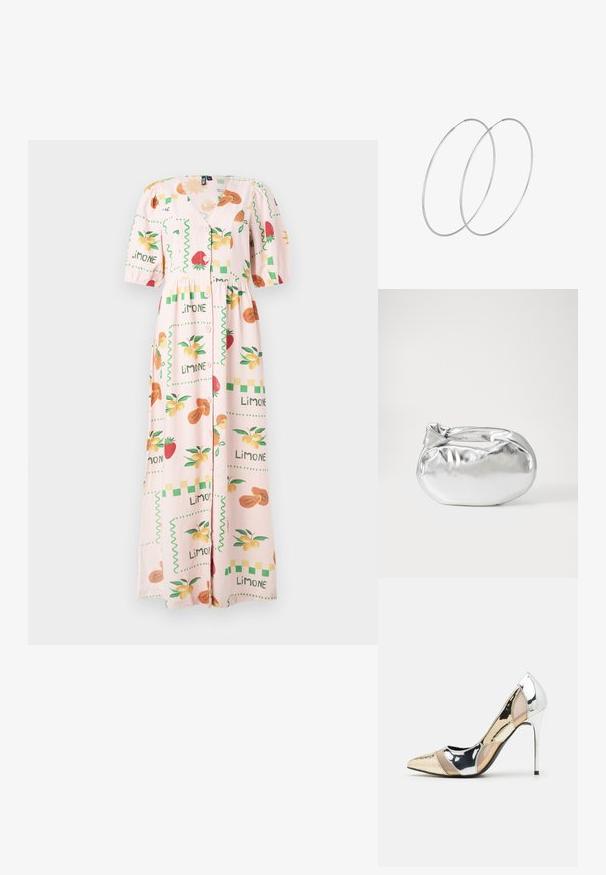 Maxiklänning gjord av lätt tyg i ljusrosa, med fruktmotiv, knappar framtill och puffärmar med insvängt midja.; Spetsig tå högklackad sko med en färgpalett av silver, guld och nude. Glansig yta med utskärningsdesign, utrustad med en stilettklack.; Silverfärgad metallisk påse med en mjuk, rundad form och en knutstängning upptill. Tillverkad av ett mjukt material i konstläder.; Silverfärgade hoopörhängen med en minimalistisk design. Cirkulär form, slät yta och tunn profil. Lätta med en polerad finish.