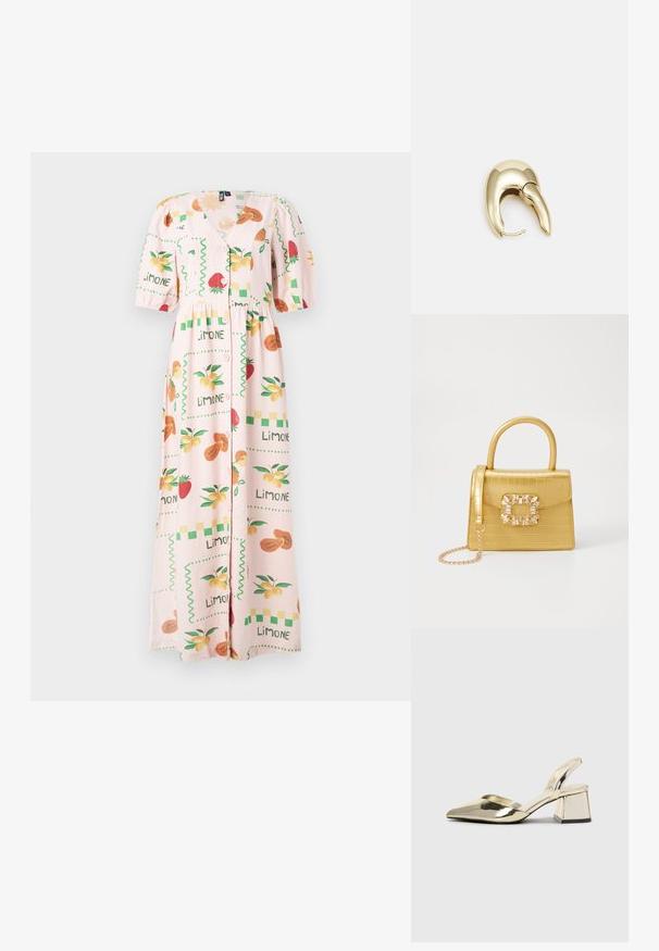 Maxi šaty vyrobené z lehké tkaniny v světle růžové barvě, zdobené motivy ovoce, s knoflíky na přední straně a nabíranými rukávy s přiléhavým pasem.; Kovové zlaté pantofle na podpatku s špičatou špičkou a masivním podpatkem. Hladký povrch, minimalisticý design a úzký pásek.; Žlutá kabelka z umělé krokodýlí kůže se strukturovaným designem, horním uchopem, odnímatelným řetízkovým popruhem a dekoračním krystalovým zdobením na zapínání.; Náušnice ve zlatém tónu z kovu s elegantním zakřiveným designem. Vyznačují se jedinečným špičatým tvarem, lesklým povrchem a závěsem na kloub.