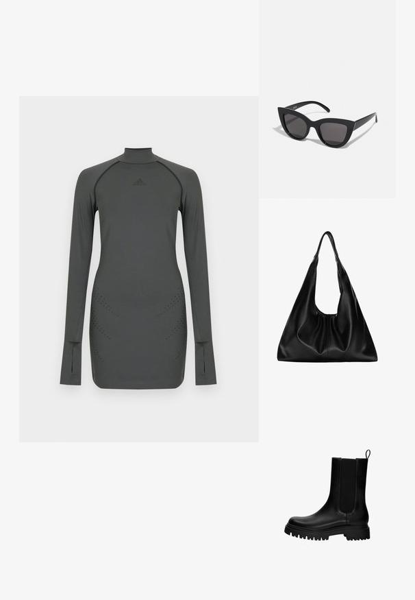 Bluză sport cu mâneci lungi din material gri închis, cu guler înalt, prezintă detalii subtile perforate și un logo pe piept.; Botină de piele neagră până la gleznă, cu panouri elastice pe laterale, un loop pentru tras și o talpă groasă, robustă. Textură netedă cu un design modern.; Ochelari de soare negri, forma cat-eye, cu un finisaj mat, având lentile gri și unghiuri ascuțite, precum și brațe laterale elegante. Numele brandului este vizibil pe brațul interior.; Geantă hobo din piele neagră, cu o formă moale și curbată. Prezintă un mâner lat în partea de sus și pliuri la bază pentru o textură lejeră.