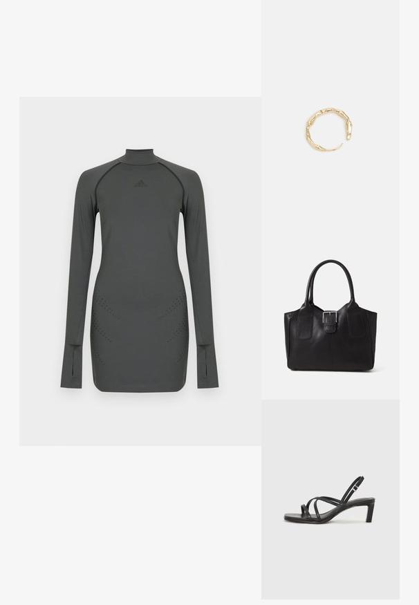 Sportska majica dugih rukava od tamnosivog materijala s visokim ovratnikom, s diskretnim perforiranim detaljima i logotipom na prsima.; Crne sandale s trakama, kvadratnim prstom i niskom blok petom. Ima više tankih trakica i podesivu trakicu oko gležnja. Izrađene su od glatke kože.; Crna kožna torba za nošenje s glatkom teksturom, strukturiranim oblikom, dvije ručke i istaknutim srebrnim kopčanjem na prednjoj strani.; Prsten u zlatnoj nijansi s organskim, uvijenim dizajnom, glatkom teksturom i suženim krajevima, koji stvara moderan, skulpturalni izgled.