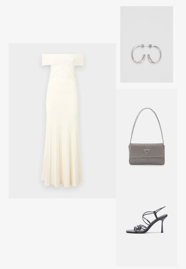 Petnešinis, prie kūno prigludęs suknelė off-white spalvos, kai apačioje yra giliu ribiniu raštu su plačiu siluetu.; Juodos aukštakulnės sandalai pasižymi plonyčiais dirželiais su mazgo dizainu, lygiu kvadratiniu pirštu ir elegantišku stiletto kulnu.; Šviesiai pilka metalinė rankinė su grandinėlės dirželiu, papuošta mažais apvaliais metaliniais smeigėmis ir trikampiu prekės ženklu.; Sidabrinės auskarai žiedai su lygiu, blizgiu paviršiumi. Suapvalinta forma, lengvas dizainas, su uždarymu ant smeigtuko.