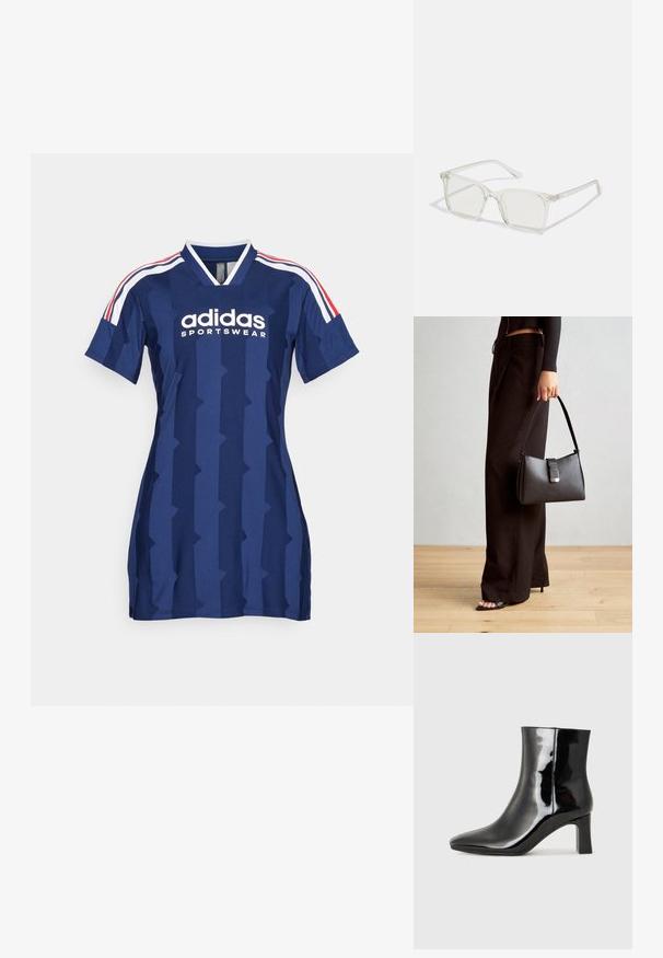 adidas Sportswear TIRO CUT STRIPES TSHIRT DRESS - Jerseyklänning - team navy blue/white/better scarlet; Svart lackläder ankelboot med spetsig tå och en medelhög klack. Slät textur och minimalistisk design.; Klart plastfyrkantiga glasögon med genomskinliga linser, med guldfärgade detaljer på bågarna för extra stil.; Svart handväska med strukturerad form, slät yta och metallspänne. Matchad med vida svarta byxor och sandaler med öppen tå på trägolv.